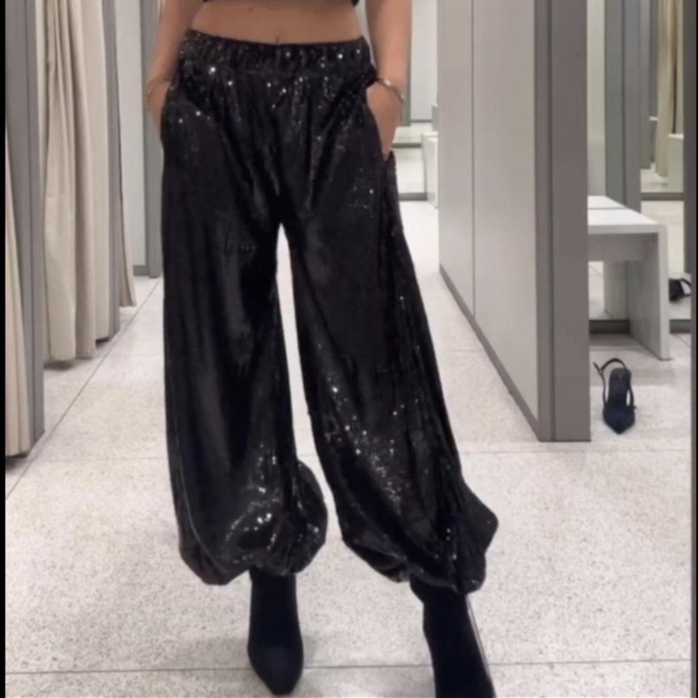 Zara SEQUIN BALLOON PANTS BLACK